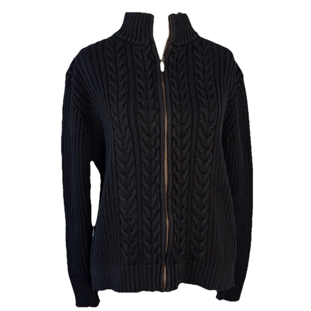 LANDS END Sweater Women M 10-12 Cable Ribbed Full Zip Cardigan Cotton Black
